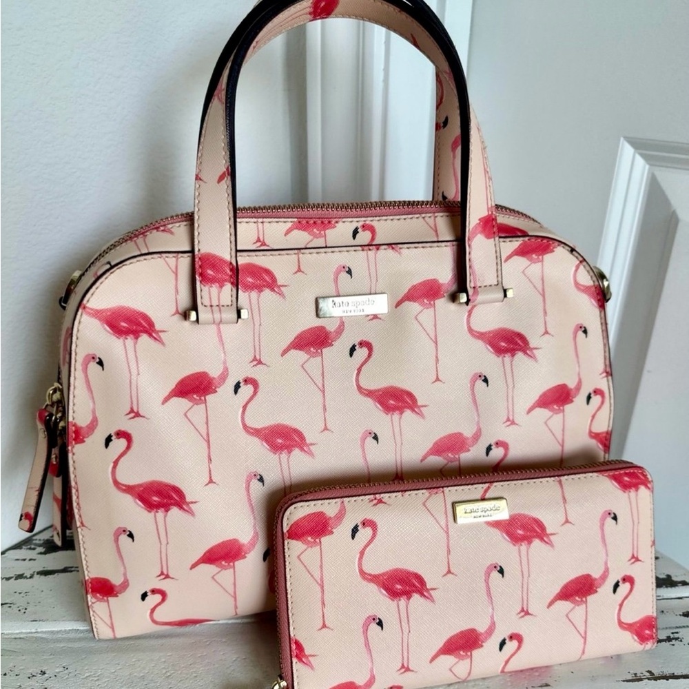 Kate Spade Flamingo Print Satchel and Wallet Set